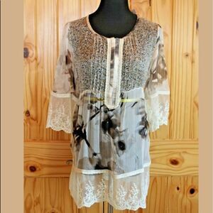 *Sundance* SILK Sheer Floral Top Blouse LaceHem Sz S